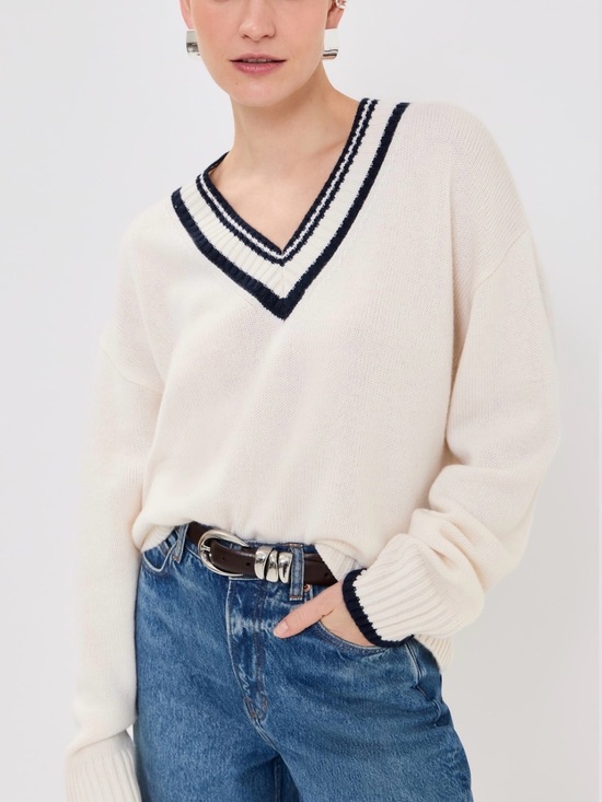 Reformation Sweaters - Reformation Cashmere Varsity Vneck Sweater Cream Navy XS